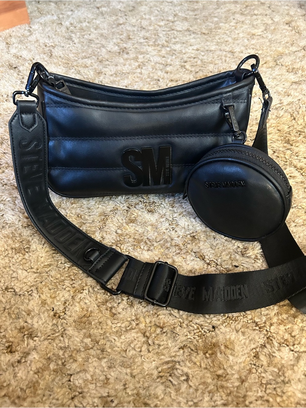 Steve Madden Black SM Quilted Crossbody Bag Purse